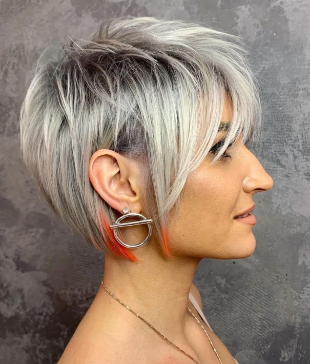 Long Shaggy Silver Pixie Haircut